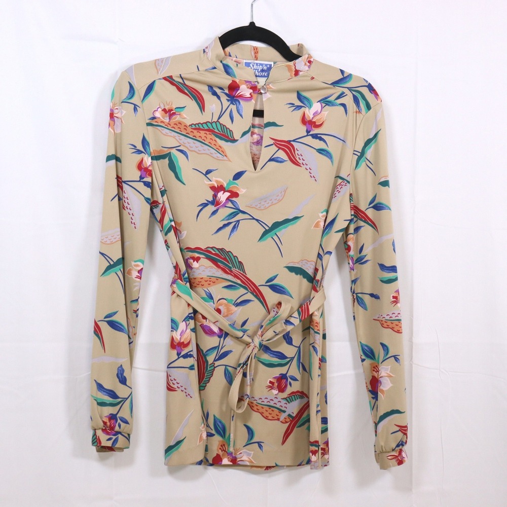 Ship 'n Shore Blouse 8 Tan Womens Floral Mock Neck Belted Vintage Top